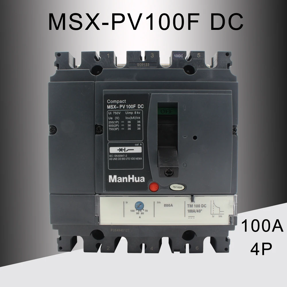 Manhua 4P ломающая емкость Регулируемый 100A MSX-PV100F DC Литой чехол автоматический выключатель