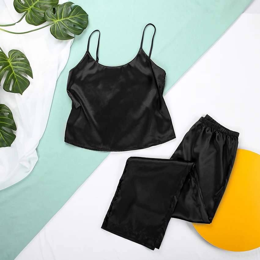 Backless Female Set 2 Pcs Satin Sexy Pajamas Black Lace Pajamas With Pants Loose Spaghetti Strap Sleepwear Women Sets Suit
