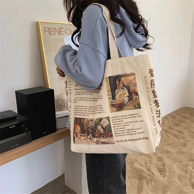 Kadın tuval omuzdan askili çanta Alice harikalar alışveriş çantaları  öğrenciler kitap çantası pamuk bez çanta bez çantalar kızlar için -  AliExpress