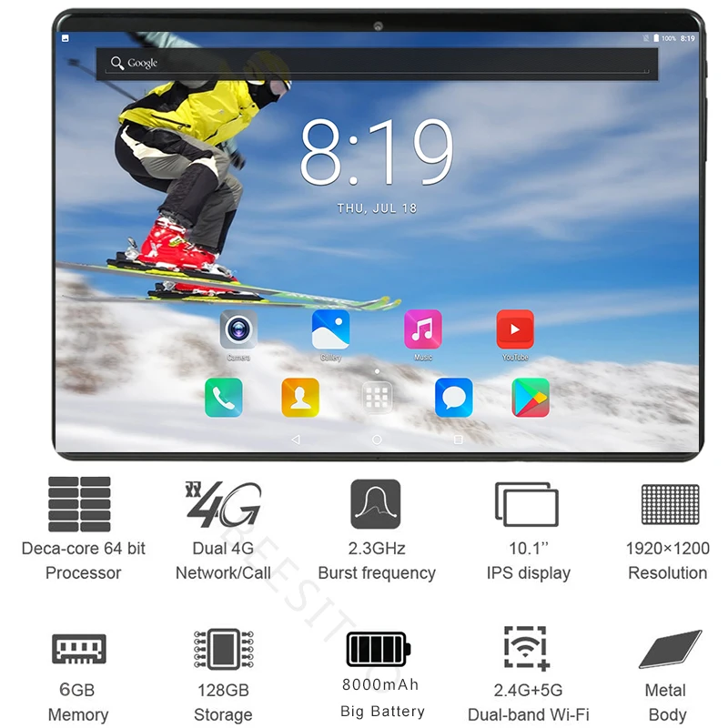 Tableta pc de 10 pulgadas de cristal 2.5D, diez núcleos, 6GB RAM 128GB ROM, 1280x800, IPS, Android 9,0, Sim Dual, 4G, 10, 10,1