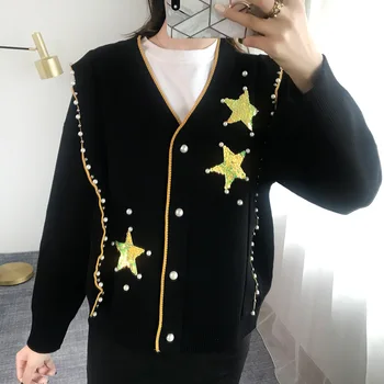 

Women Oversized Sweater Cardigan 2019 Fall Winter Thick Warm Star Sequins Beaded Knit Coat V Neck Single Breasted Cardigan P-129
