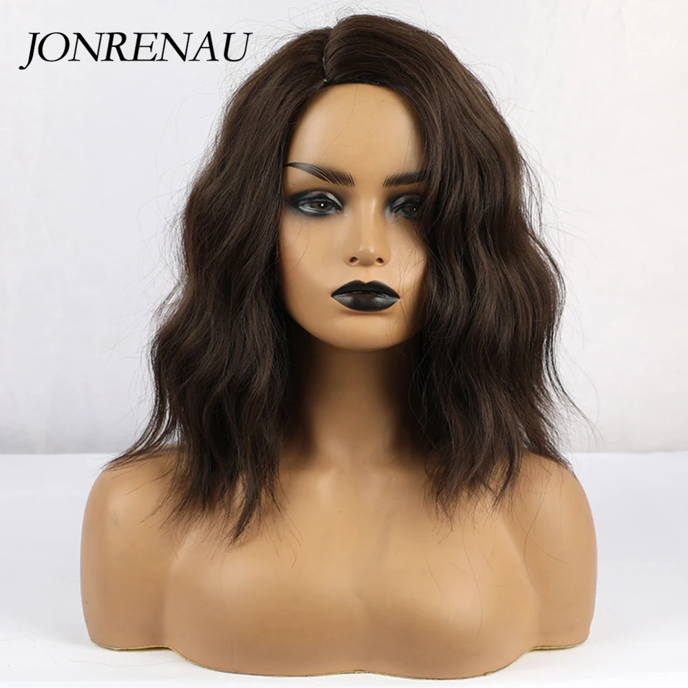 

JONRENAU Dark Brown High Quality Short Natural Wave Hair Synthetic Wigs with Side Bangs for Women 3 Colors for Choose