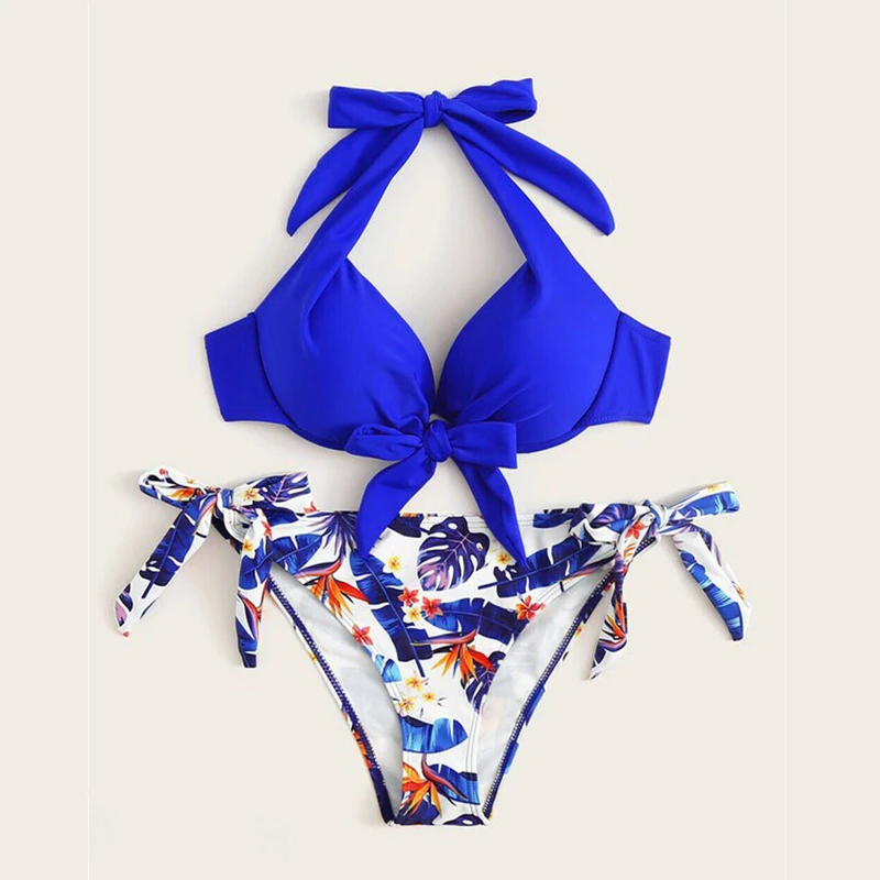 

Floral Print Bandage Bikinis Set Women New Halter Swimsuits Bow Push Up Padded Swimwear Bathing Suits Beachwear Tankini 2019