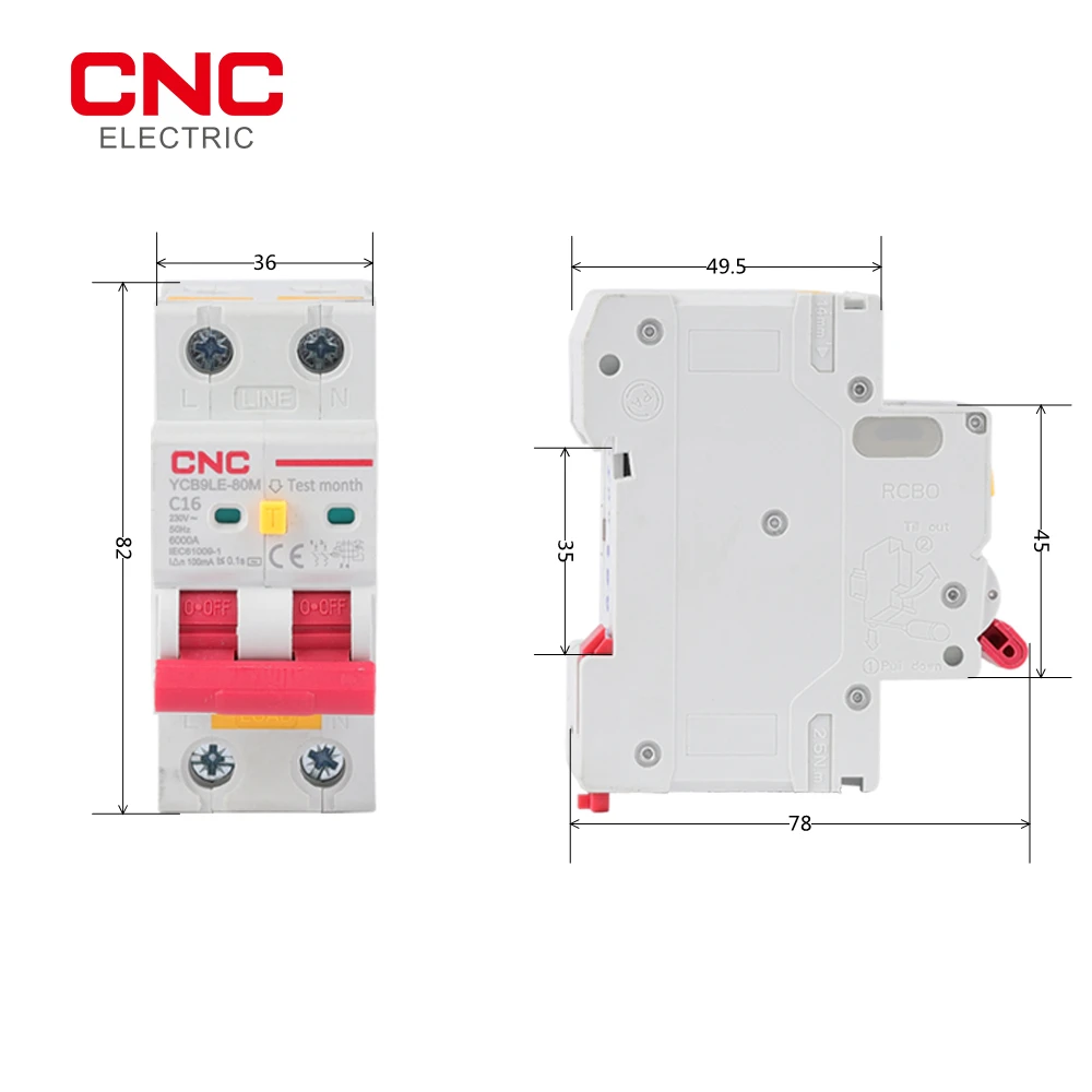 CNC YCB9LE-80M 2P 230V RCBO Residual Current Circuit Breaker With Over Current And Leakage Protection 30mA MCB 6-63A circuit breaker