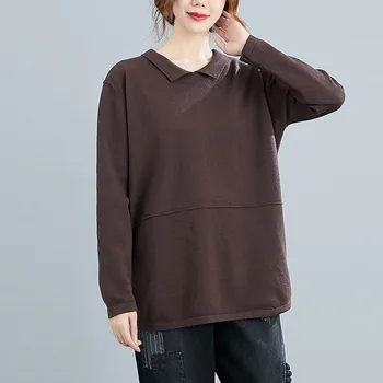 

Women Casual Sweaters New Arrival 2020 Autumn Simple Style Vintage Turn-down Collar Solid Color Female Knitted Pullover S2141