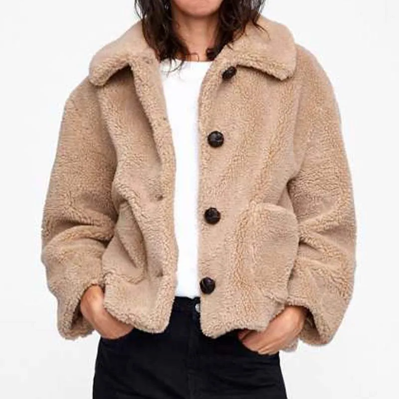 

Savabien Women Lapel Long Sleeve Lambswool Single Breasted Faux Fur Coat Vintage Harajuku Festival Teddy Coat Fake Fur Jackets