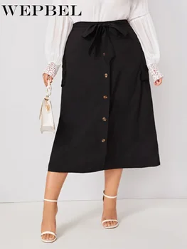 

WEPBEL Women Skirt Casual Summer Fashion Solid-Colored Mid Long Single-Breasted Skirt High Waist Buttons Mid-Calf Skirt