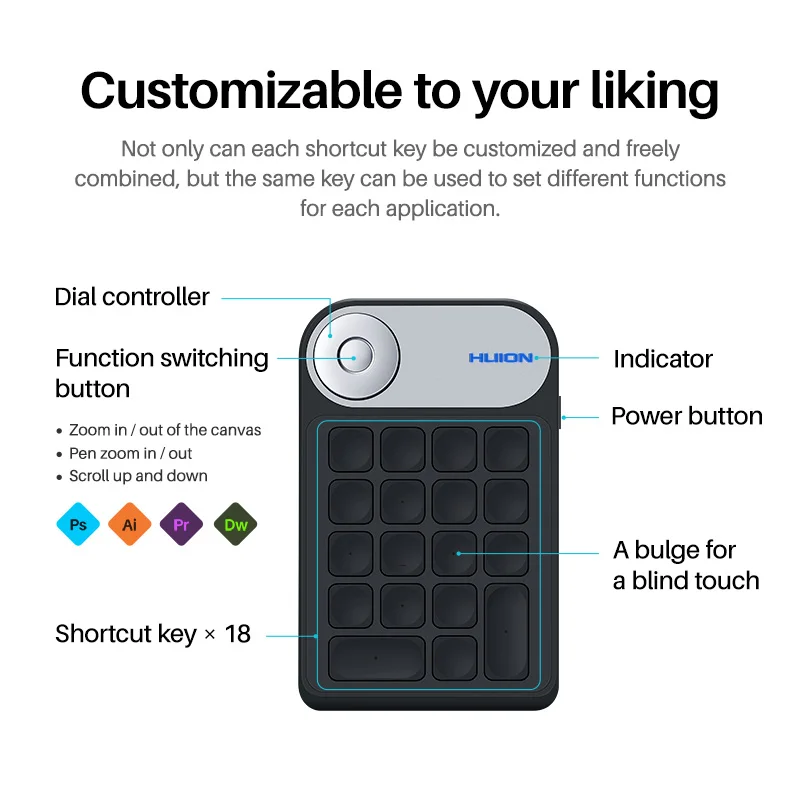 HUION KD100 Keydial Mini-Tastatur für Grafik-Zeichentablett, multifunktionale kabellose digitale Tastatur, Tastenfeld mit 18 Tastenkombinationen_voghion.com