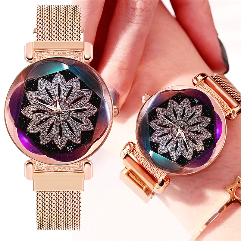

Luxury Women Watch Mesh Magnetic Buckle Starry Sky Creative Flowers Colorful Dial Ladies Fashion Gifts Business Fine Clock