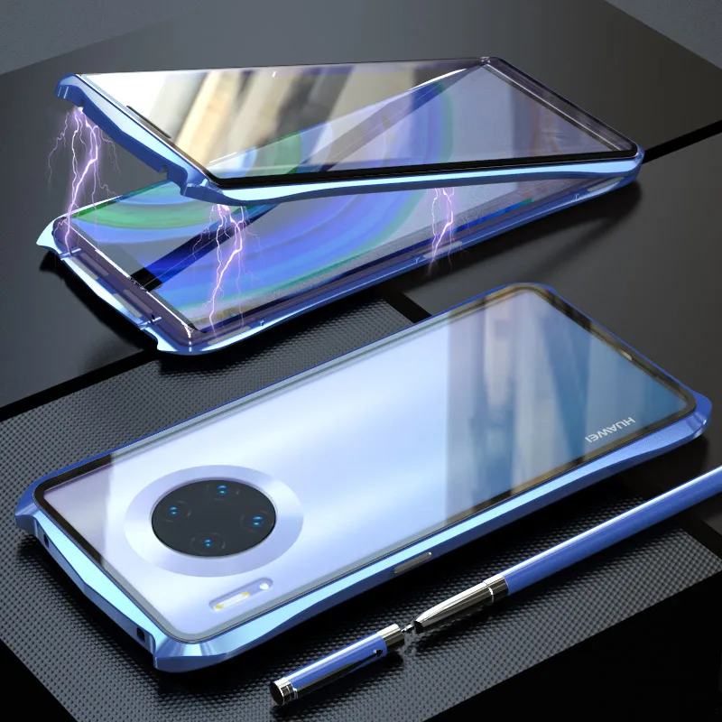 Двусторонний стеклянный Магнитный чехол для huawei mate 30 Pro, Магнитный чехол, Роскошный Алюминиевый металлический бампер 360, защитная задняя крышка, чехол - Цвет: Синий