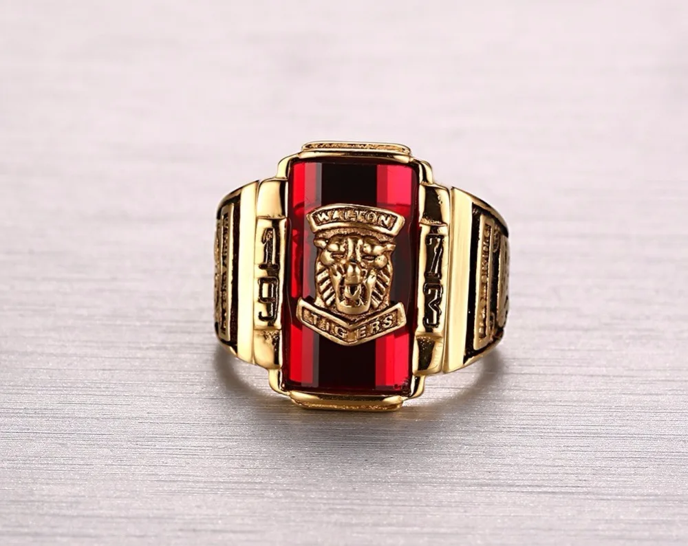 Trendy High School Class Rings for Men Stainless Steel Red Stone 1973 Walton Tigers Tag Finger Ring Fashion Jewelry bague anel masculino 12