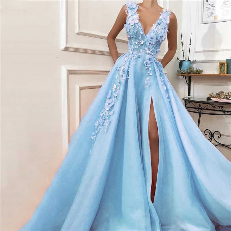 

Deep-V Beach Sexy Evening Dresses Diamonds Handmade Flowers Tulle Evening Gowns 2019 robe de soiree