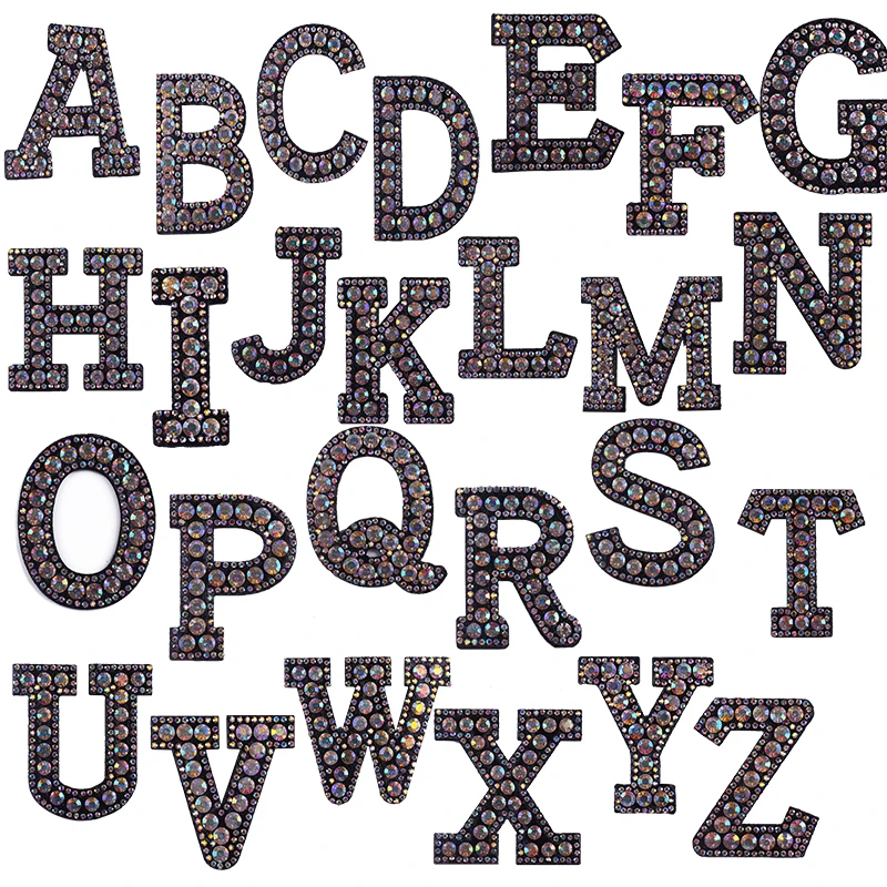 26 Letters Rhinestones Alphabet ABC Sew Iron On Patches Rainbow Shining