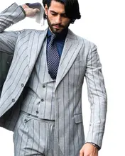 

3 Pieces Tailor-Made Costume Homme Gray Striped Peak Lapel Two Buttons Business Men Suits Tuxedo For Groom Wedding Formal Wear