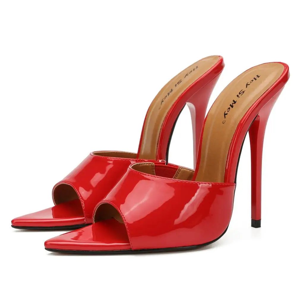 rubber bottom patent leather PVC thin with shallow mouth fish mouth pointed lady transparent slippers red sexy plus size - Цвет: Красный