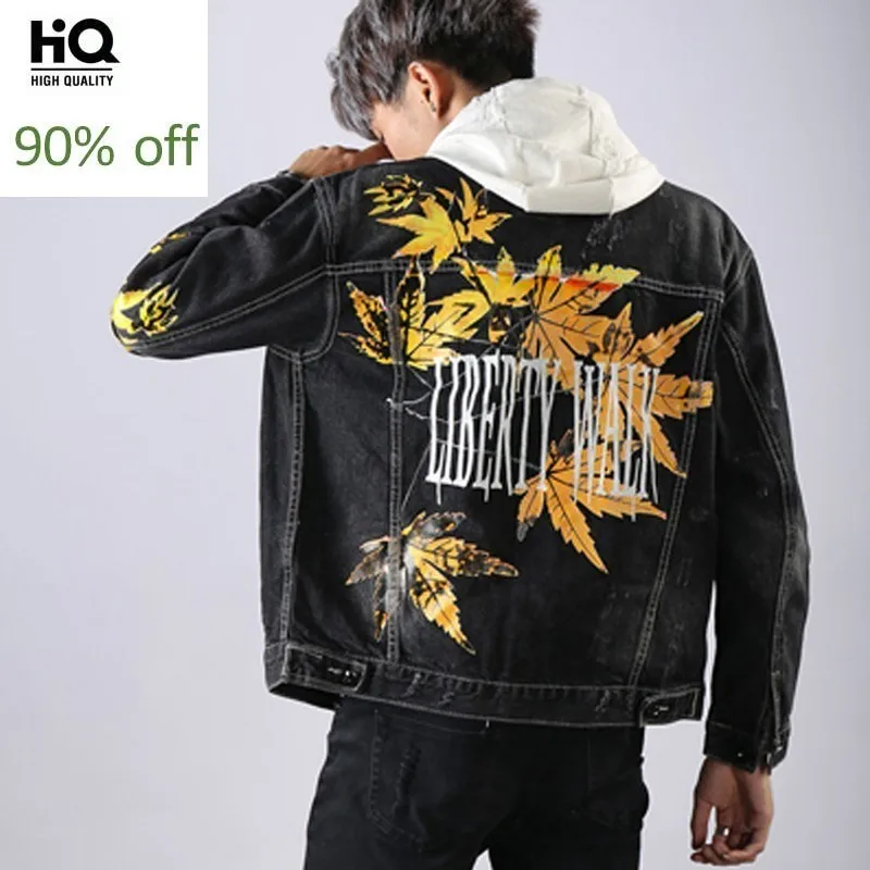 

Spring New Brand Korea Mens Maple Leaf Print Casual Loose Denim Jackets Plus Szie M-XXXL Pockets Frayed High Street Cowboy Coats