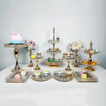 

Gold Crystals Cupcake Stand Wedding Plates Set Metal Round Party Dessert Display Cake Decorating Supplies