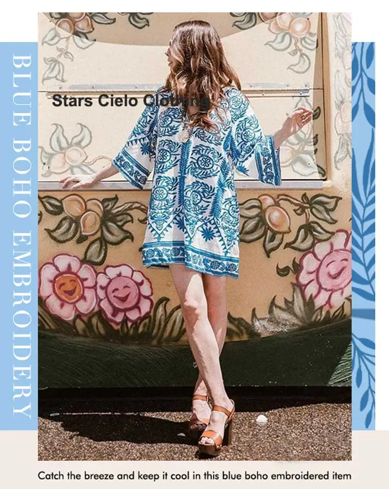 Boho Embroidered Dress in Yellow 3/4 flare sleeve mini summer dress V-neck holiday chic ukraine women dress tassle gypsy vestido