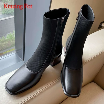 

Krazing pot knitting boots natural leather party gorgeous square toe thick high heel zipper beauty girls star mid-calf boots L64