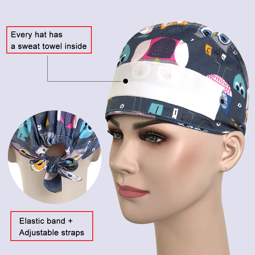 VIAOLI Print Black Tieback Elastic Section 100% Cotton Surgical Caps Scrub Caps for men Women Hospital Medical Hats Arrival 050