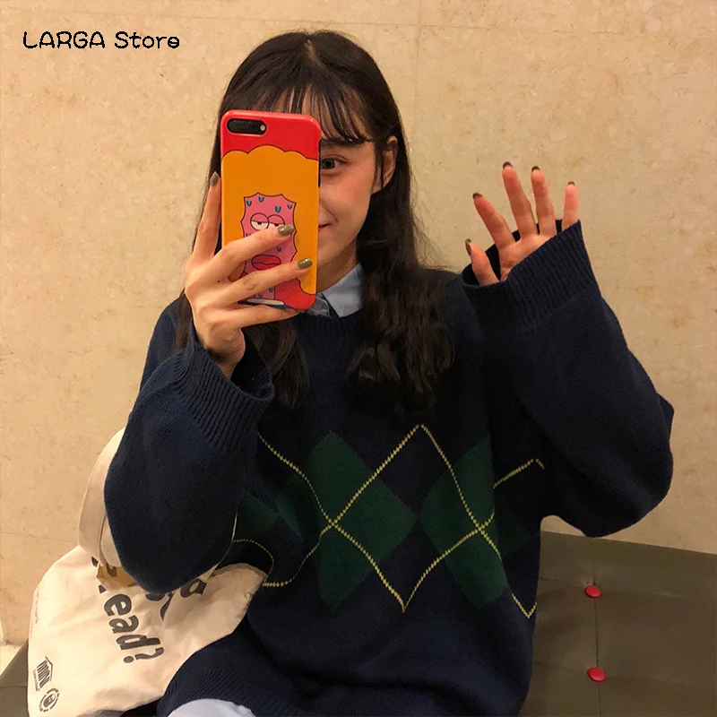Geometric Pattern Fashion Basic Hit Casual Regular 2020 Female Women Long Sleeve All Match College Wind Hit Hot Sale Sweaters 1