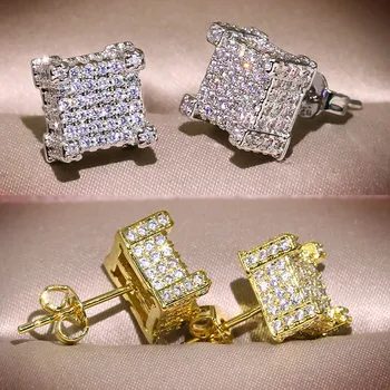 

Handmade Hip hop 925 Sterling Silver pave Simulated Diamond Wedding Earrings for Men Women Plated yellow gold Jewelry