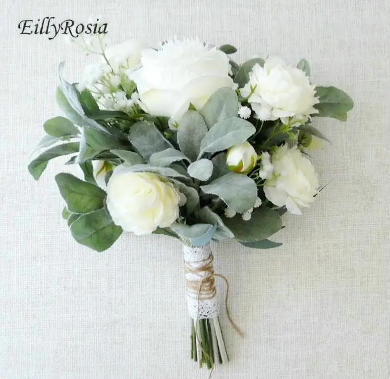 EillyRosia White Green Simple Bridal Bouquet Wedding Flowers for Bridesmaid Matching Wedding Bouquet Collection Set