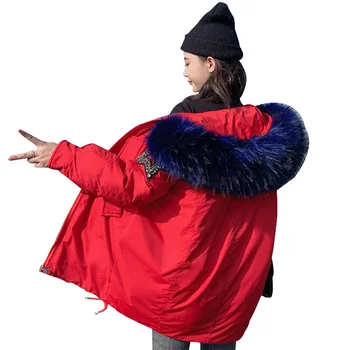 

Winter 2019 Jacket women large fur collar hooded warm thicken Sustans padded coat parka outwear female quilted down coat woman