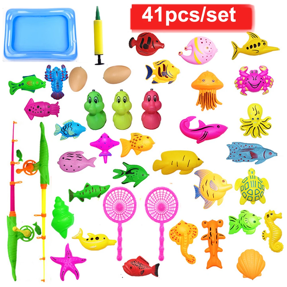 

41pcs Magnet Fishing Toys with Inflatable Pool Kids Fishing Game Play Set Funny Classic Magnetic Fish Toys for Children Gift