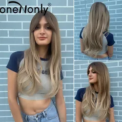 oneNonly Long Brown Gradient Synthetic Wigs Natural Wave Wigs with Bangs for Women Cosplay Party Natural Hair Heat Resistant