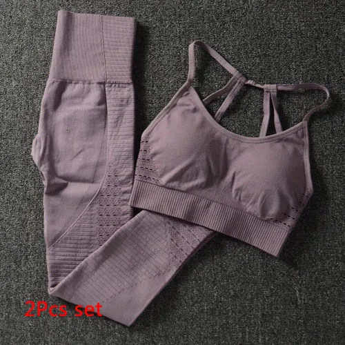 Purple2pcsset 2 шт., бесшовный комплект для йоги, бюстгальтер на бретельках, леггинсы с высокой талией, женская одежда для тренажерного зала, фитнеса, тренировок, комплект леггинсов для йоги, спортивная одежда для бега - Цвет: Purple2pcsset