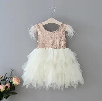 

New Children Baby Sequined Mesh Cake Feather Dresses , Girls Princess Sweet Party Clothes 6 pcs/lot, Wholesale