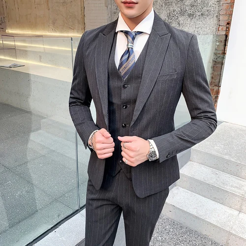 Dark Gray Мужская одежда, костюм, деловой повседневный костюм, пиджак, Свадебный Жених, профессиональное платье, комплект из 3 предметов(Блейзер+ брюки+ жилет - Цвет: Dark Gray