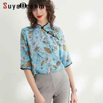 

Women Silk Blouse 100% REAL SILK CREPE Vintage Chinese Style Blouses Stand Collar Blouse Shirt 2019 Printed Blouse