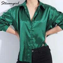 

Satin Shirt Womens Green Long Sleeve Top Female Women's Elegant Blouse 2022 Office Wear Women White Imitation Silk Shirt Woman
