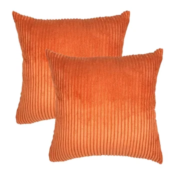 

Pack of 2 Corduroy Soft Velvet Striped Solid Square Throw Pillow Covers Cushion Cases 18 X 18 Inch Orange