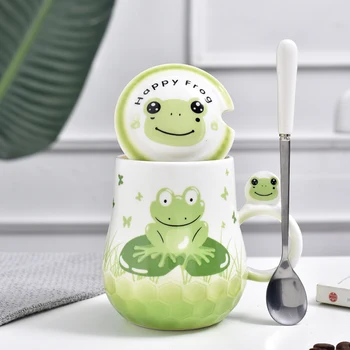 

New Cartoon Ceramic Coffee Mug with Lid and Spoon Hot Chocolate Kids Ceramic Printed Mugs Caneca Personalised Cute Mug HH50MK