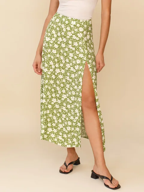Women Skirt Wraps Fashion Casual Split Beach Long Ladies Leopard Flower Skirts Printed  High Waist Female Side Open Summer Skirt Green flower