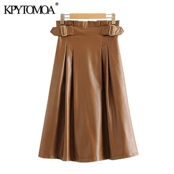 

KPYTOMOA Women 2020 Chic Fashion Faux Leather Side Pockets Midi Skirt Vintage High Waist Back Zipper With Lining Female Skirts