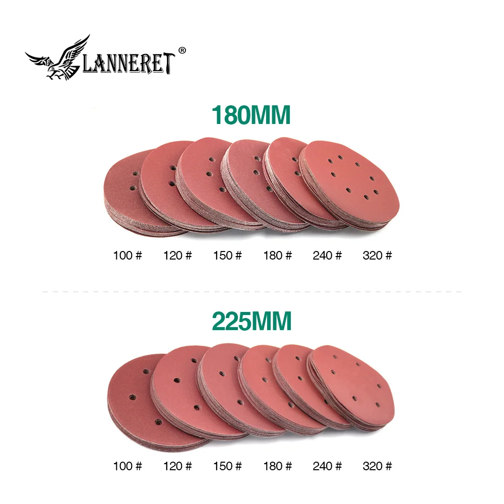 LANNERET 180 мм/225 мм Шлифовальные Диски наждачная бумага Ассорти отверстия 100/120/150/180/240/320 Грит для Электрический сухой настенный шлифовальный станок полировщик