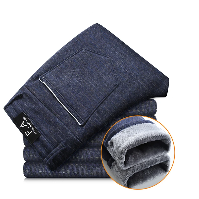 688 blue fleece Mens Winter Fleece Warm Pants Men Korean Casual Slacks Slim Warm Thick Pants for Men Fashion Black Gray Blue Trousers Male,688 - Color: 688 blue fleece