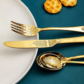 Set di posate in oro Forchetta in acciaio inossidabile Cucchiai Coltello Kit di stoviglie Set di posate di lusso Stoviglie per la cucina di casa Ristorante 1