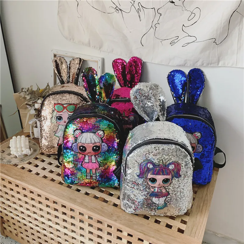 

New Style Doll Sequin Children Backpack Cute Cartoon Rabbit Ear Schoolbag