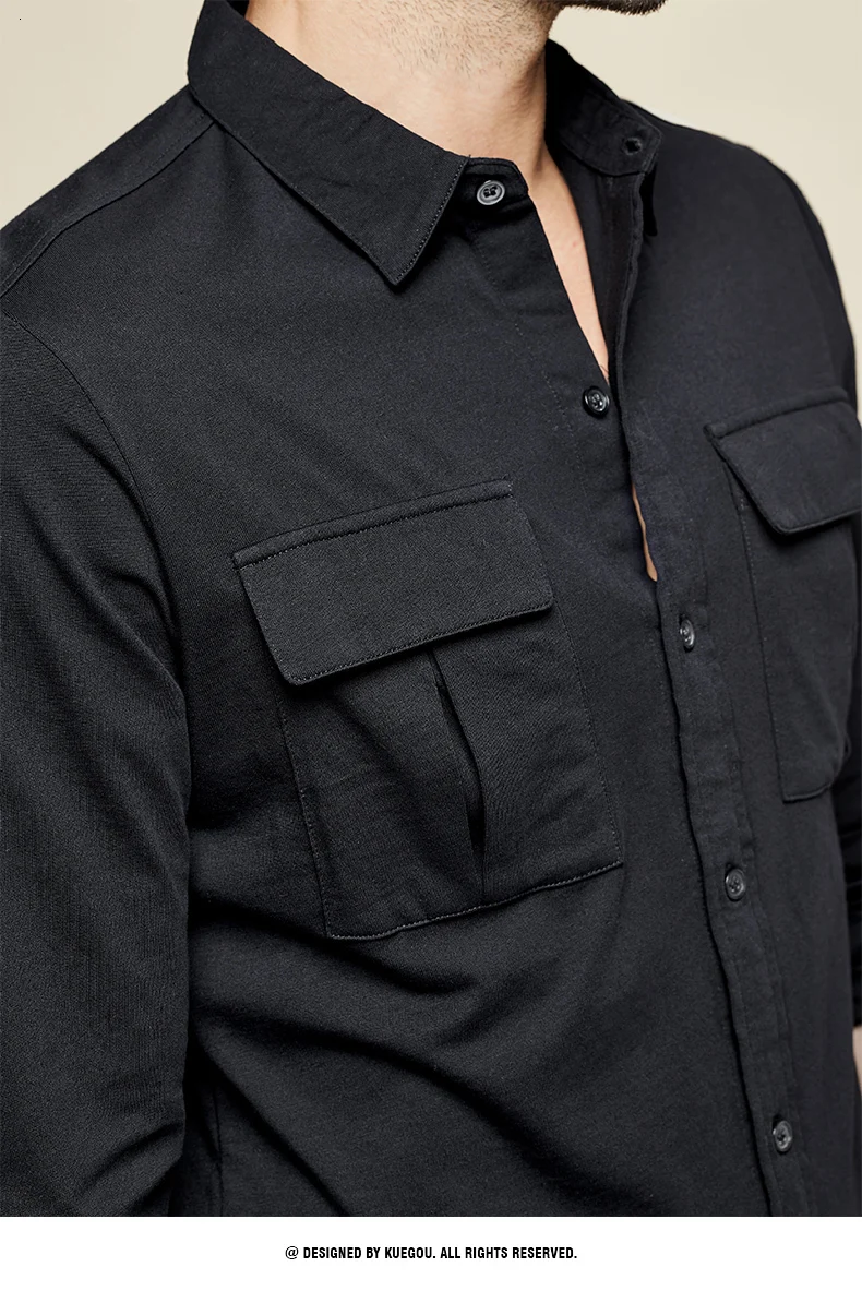 KUEGOU Autumn Cotton White Pocket Shirt Men Dress Button Casual Slim Fit Long Sleeve Male Fashion Brand Blouse 7765
