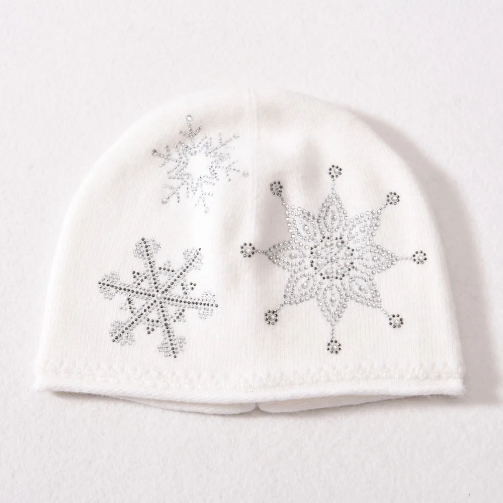 New Cashmere Beanie Hat Snowflake  Rhinestone Winter Cap For Woman Solid Color Warm Hat 6