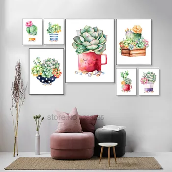 

Cactus Succulent Plant Watercolor Nordic Poster Cuadros Wall Pictures For Living Room Picture Wall Art Canvas Painting Unframed
