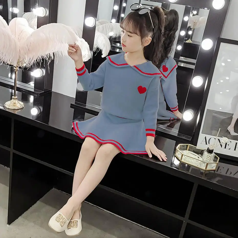

Spring Clothes For Girls Heart Sweater + Skirt 2PCS Teenage Clothes Sailor Collar Girls Clothes Fashion Autumn Suit For Girls