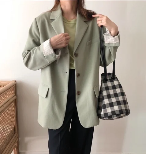 

Autumn 2019 Western Vintage Green Straight type Loose Suit Thin Single Breasted Medium Length Coat