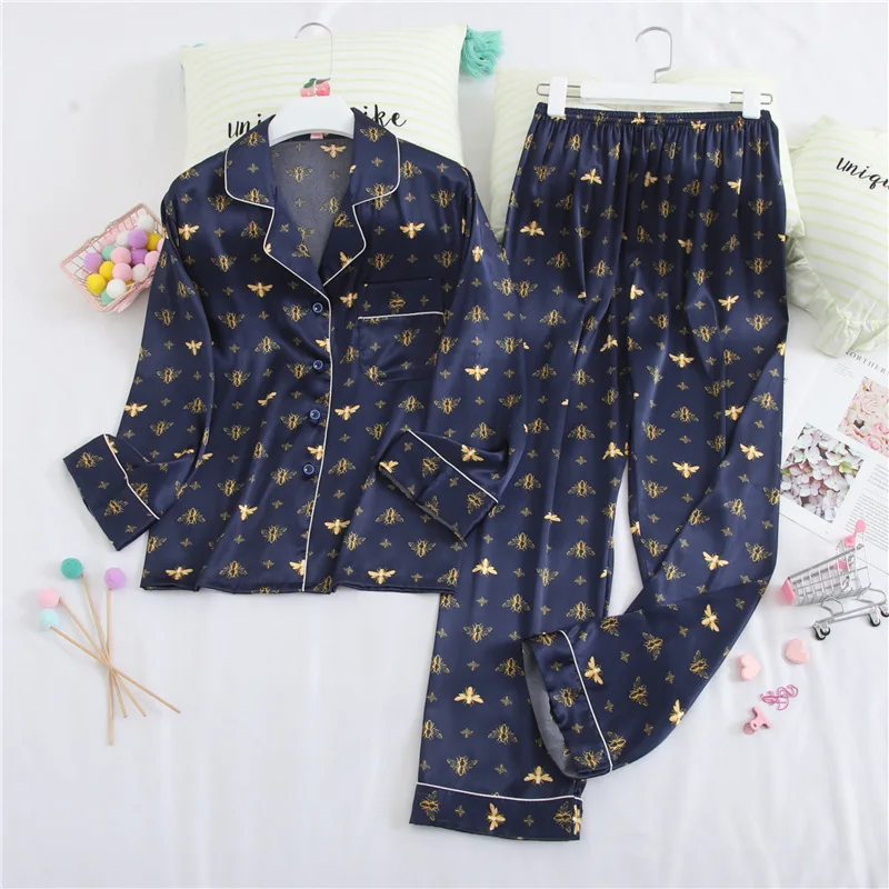 blue set Fiklyc нижнее белье из двух частей женские весенние атласные пижамы из искусственного шелка наборы повседневная одежда для сна Домашняя одежда с длинным рукавом Мода - Цвет: blue set