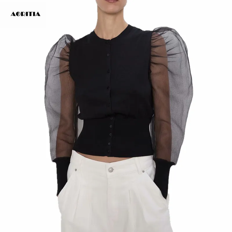 

2019 Women Autumn Winter Mesh patchwork Jacket Buttons Jacket